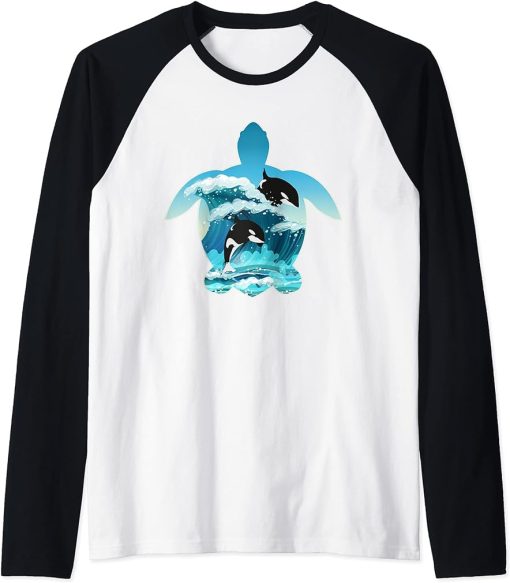 Killer Whales in waves with a turtle, Ocean life, Orcas Raglan Baseball Tee