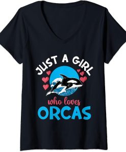 Womens Funny Whales Just A Girl Who Loves Orcas Orca Ocean Lovers V-Neck T-Shirt