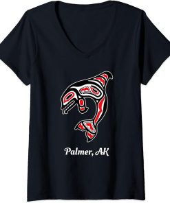 Womens Native American Palmer AK Red Orca Killer Whale V-Neck T-Shirt