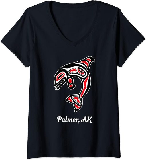 Womens Native American Palmer AK Red Orca Killer Whale V-Neck T-Shirt