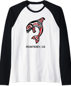 Monterey, California Native American Orca Killer Whales Gift Raglan Baseball Tee